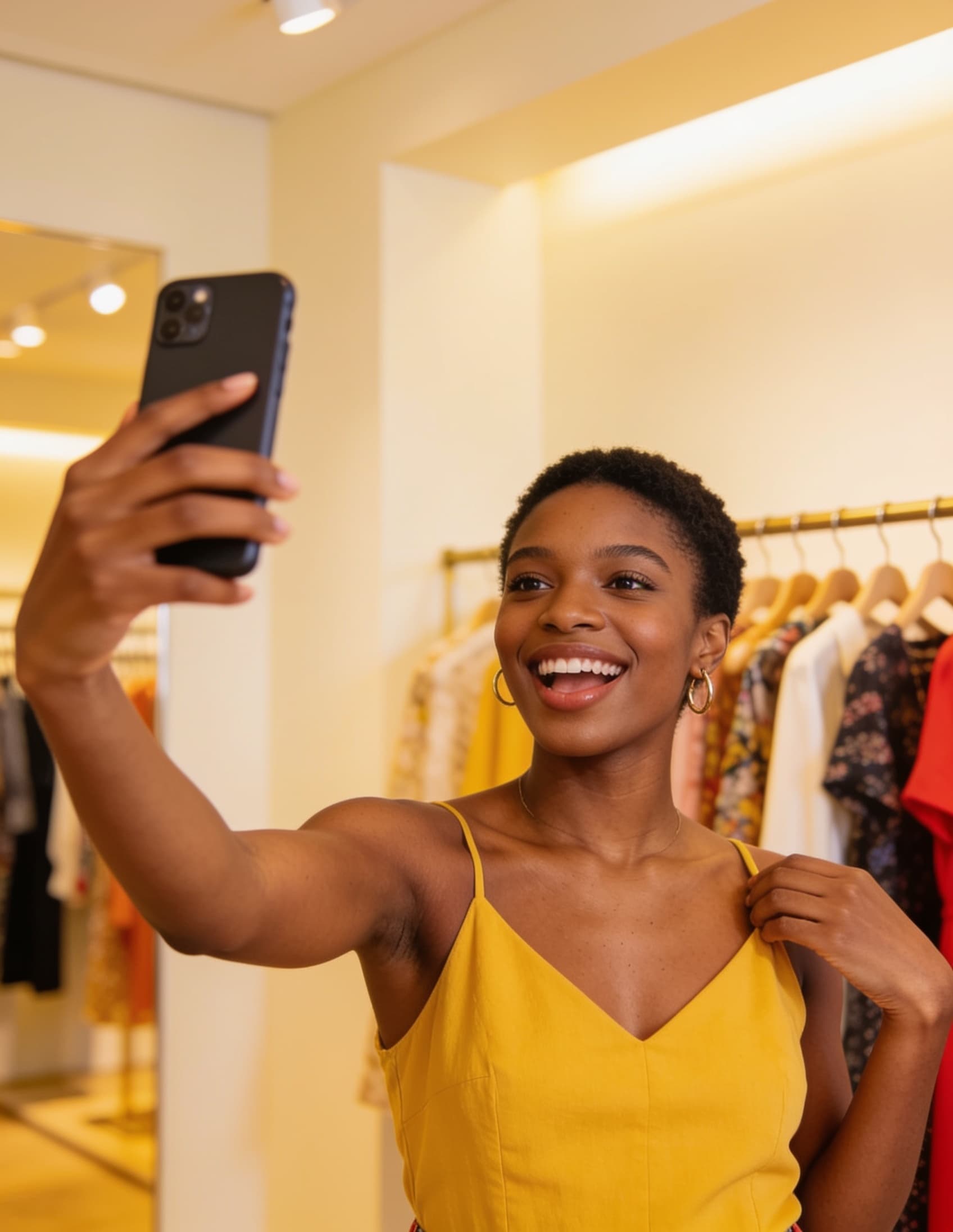 A fashion creator filming an outfit video on her phone