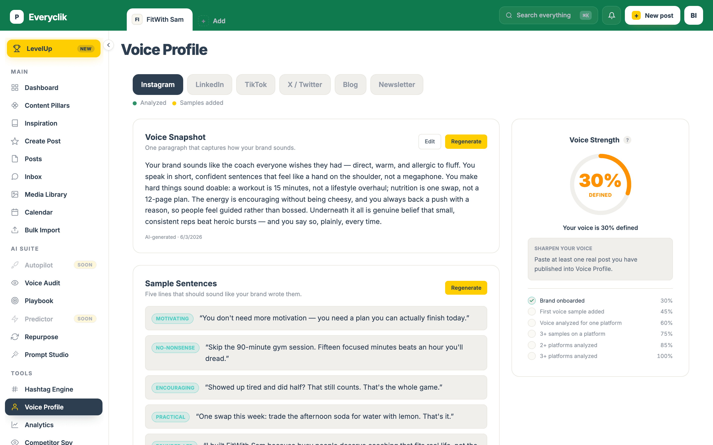 The everyclik voice profile screen, where the app learns your writing style