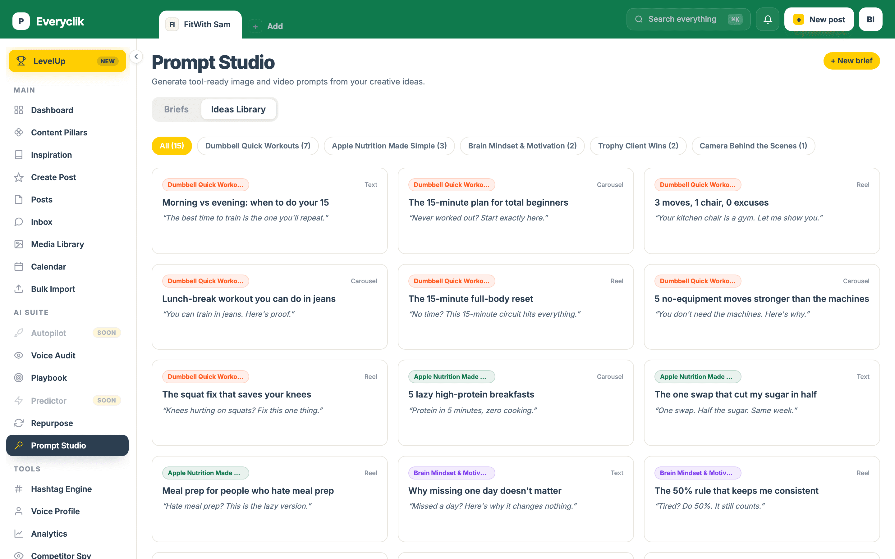 The everyclik idea finder showing on-brand post ideas grouped by topic