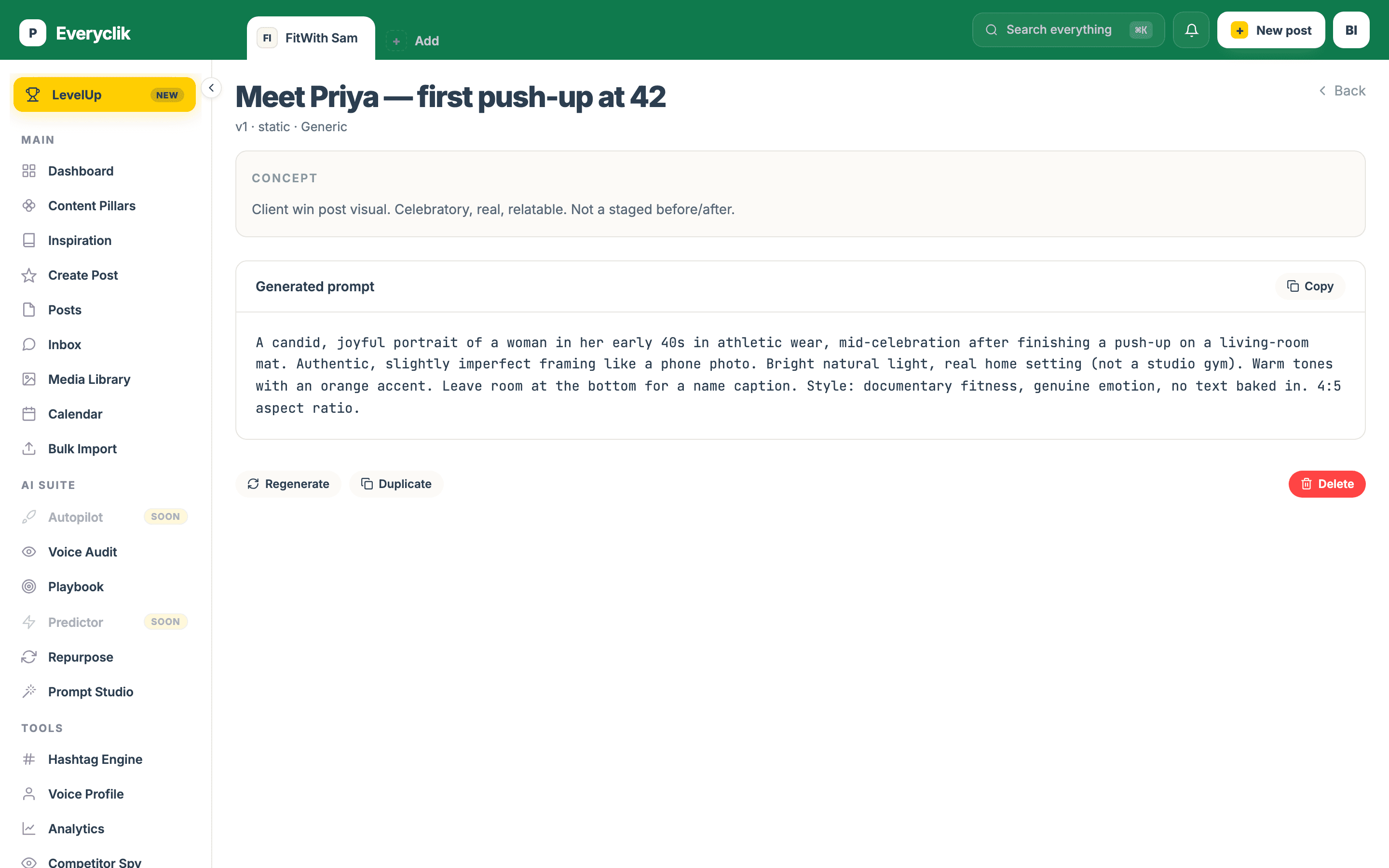 The everyclik prompt studio turning a post idea into an image brief