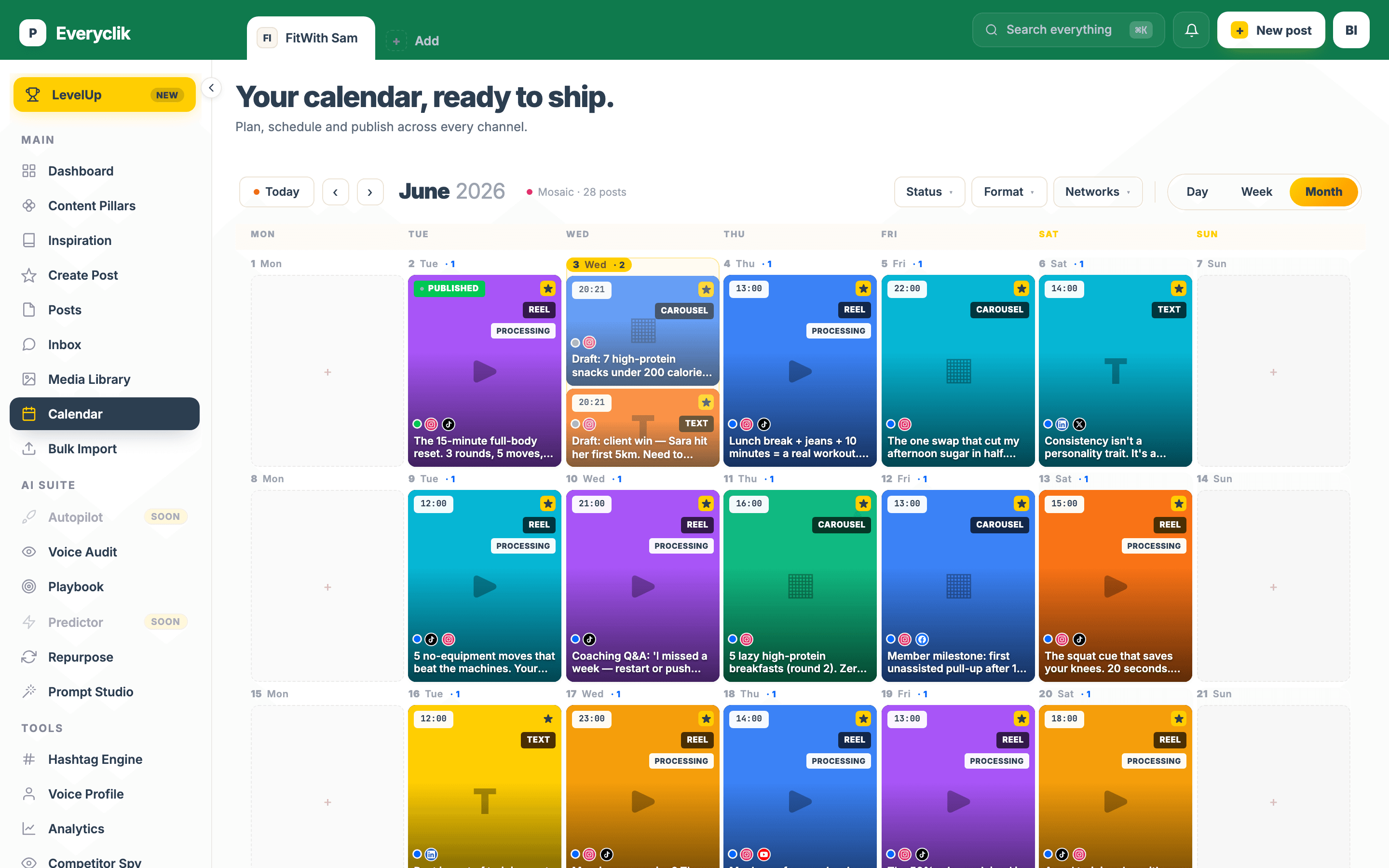 The everyclik content calendar showing a month of scheduled posts across channels