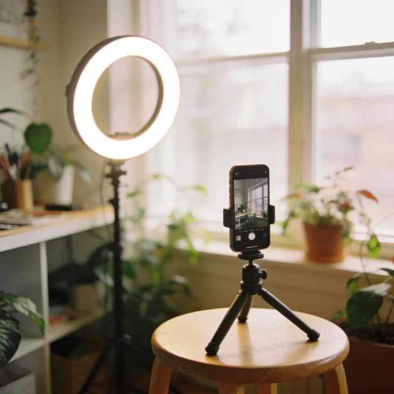 A creator’s home studio corner with a ring light