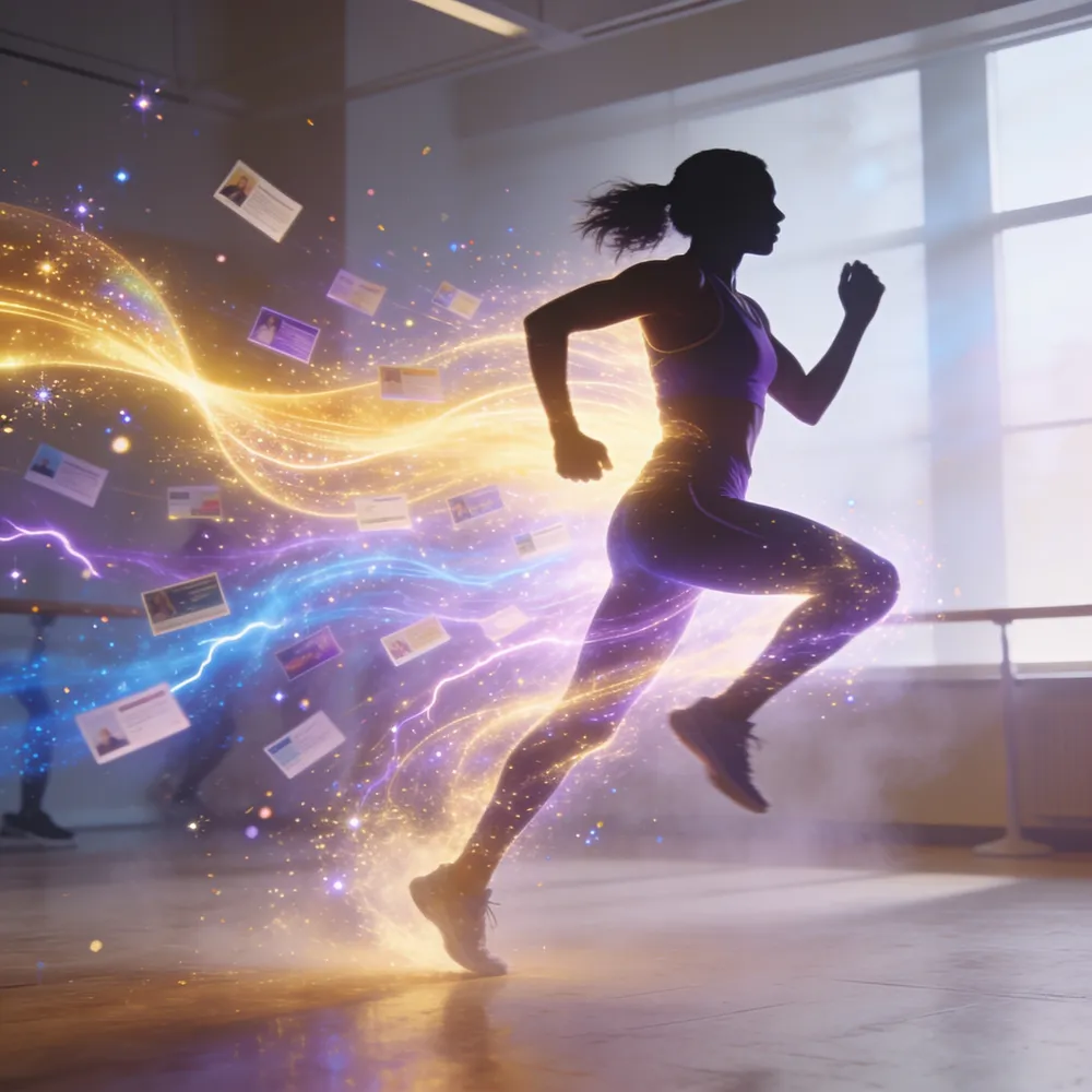 A figure mid-motion dissolving into glowing energy trails and content cards