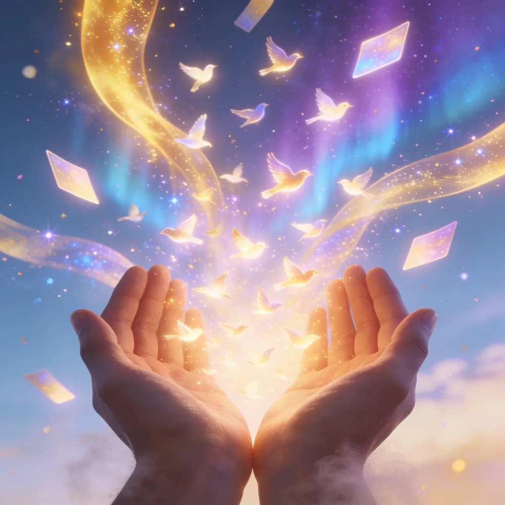 Cupped hands releasing glowing light-birds that spread across the sky