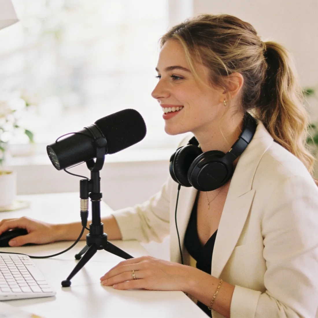 A creator recording her brand voice at a podcast mic
