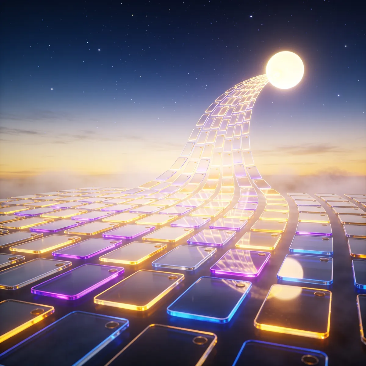 A river of glowing post cards flowing from a single light into a neat grid at dawn