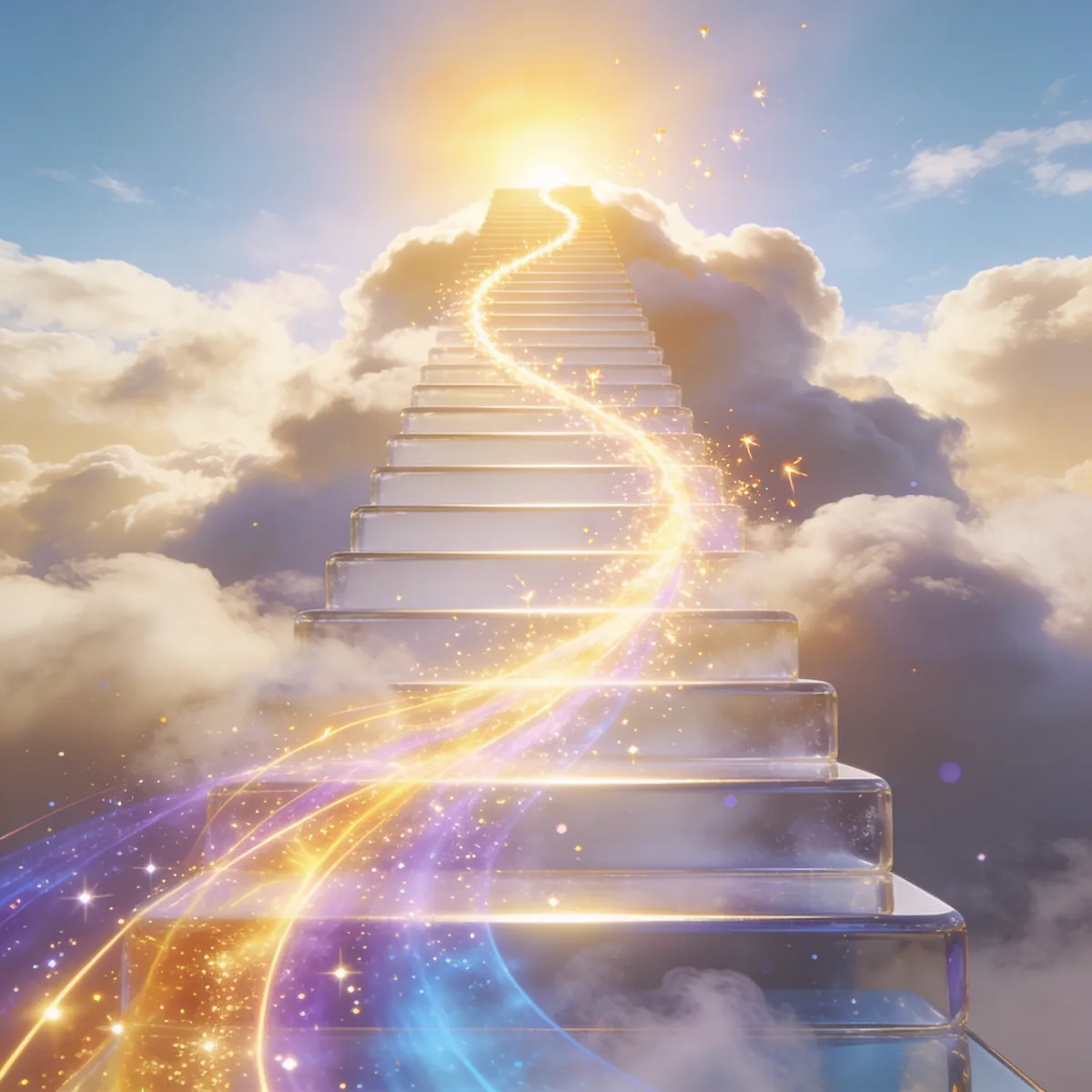 An ascending staircase of glowing steps climbing to a radiant golden summit