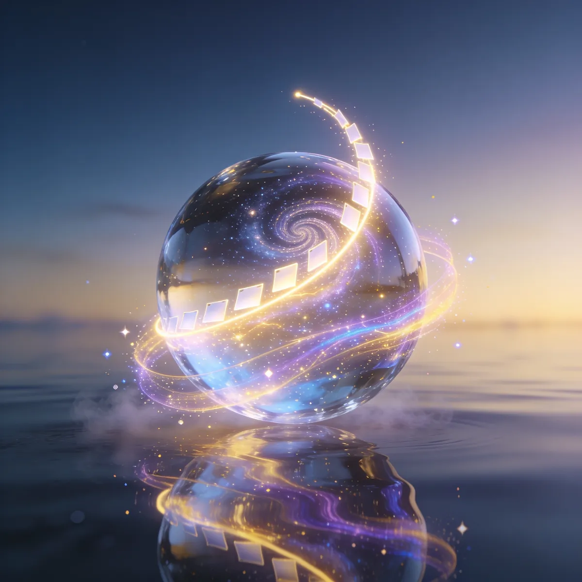 A crystal orb showing a spiral of glowing post cards arcing upward like a forecast